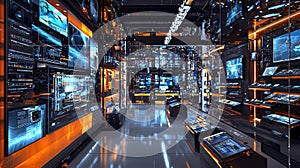 A hightech electronics store with large screens, gadgets on display, and virtual reality demonstrations photo
