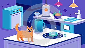 A hightech kitchen with a voiceactivated pet camera that responds to commands and dispenses treats to pets.. Vector photo