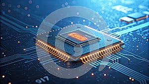 HighTech Microchip on Circuit Board Closeup 3D Render of Advanced Technology