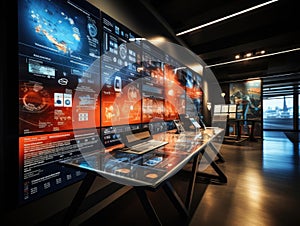 Hightech office with datadriven touchscreen walls