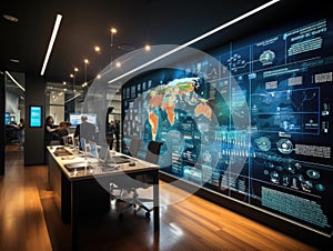 Hightech office with datadriven touchscreen walls