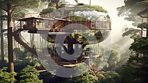 Hightech Treehouse With Solarpowered Elevator. Generative AI photo