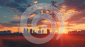 Highvoltage line, high Hackel tower and city landscape at sunset with beautiful sky