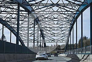 Highway 1 Lynn Creek Bridge North Vancouver BC. Metal support beams of a bridge. Steel structure bridge