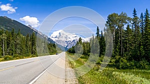 Highway 16 and Mount Robson in blue sky, British Columbia