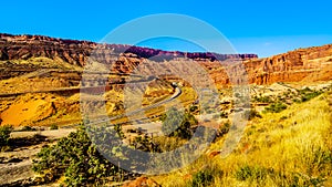 Highway 191 and the winding Arches Scenic Drive entering Arches National Park