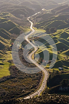 Highway across volcanic landscape