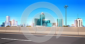 Highway asphalt road with chipper city skyline modern skyscrapers cityscape background flat horizontal banner