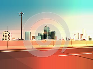 Highway asphalt road with chipper city skyline modern skyscrapers cityscape sunset background flat horizontal