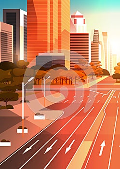 Highway asphalt road with marking arrows traffic signs city skyline modern skyscrapers cityscape sunset background flat