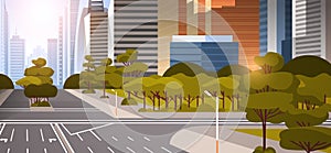 Highway asphalt road with marking arrows traffic signs city skyline modern skyscrapers cityscape sunset background flat