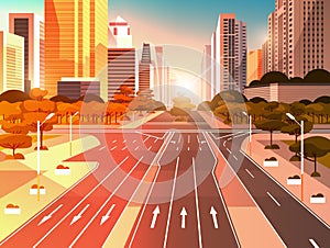 Highway asphalt road with marking arrows traffic signs city skyline modern skyscrapers cityscape sunset background flat