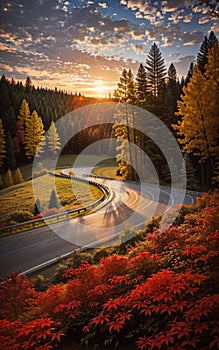 Highway in autumn forest at sunrise, beautiful autumn landscape, fall