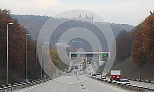 Highway Overpass with Distant Temple