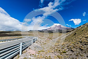Highway on the background of Chimborazo volcano in Ecuador