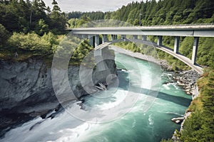 highway bridge over clear, winding river with waterfalls