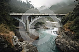 highway bridge over clear, winding river with waterfalls