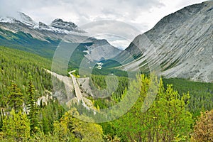 Highway through the Canadian Rockies along the Icefields Parkway between Banff and Jasper