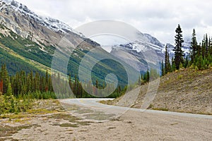 Highway through the Canadian Rockies along the Icefields Parkway between Banff and Jasper