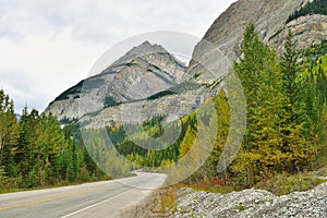 Highway through the Canadian Rockies along the Icefields Parkway between Banff and Jasper