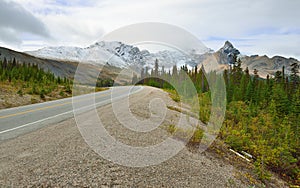 Highway through the Canadian Rockies along the Icefields Parkway between Banff and Jasper