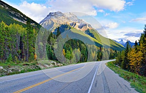 Highway through the Canadian Rockies along the Icefields Parkway between Banff and Jasper