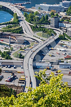 Highway with car traffic in an urban environment