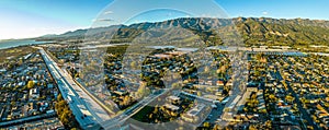 Highway 101 Carpinteria. Coast Road close to Santa Barbara. Aerial Panorama photo