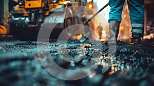 Highway construction with road builders laying asphalt gravel to create a new road surface.