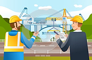 Highway construction site check by field supervisor and manager vector illustration [Converted