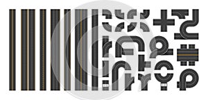 Highway constructor. Top view of city road segments with marking, crossroad junctions intersections and circles, aerial