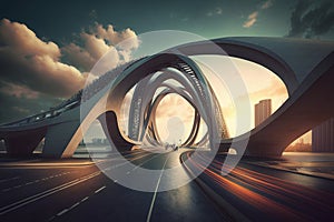 Highway curve with futuristic bridge on sunset