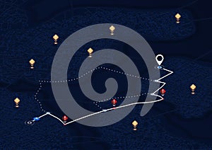 Highway disruptions. Accident road. Closed turns of the route, road. Traffic detours on isometric map. Location tracks