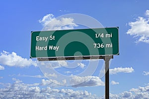 HIghway distance sign to East street and Hard way