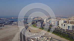 Highway on Dubai. Aerial view of The World Islands in Dubai. The islands were intended to be developed with hotel