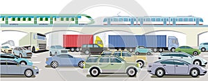 Highway with express train, truck and passenger car, llustration