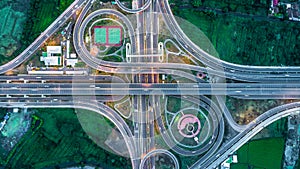 Highway, Expressway, Motorway, Toll way at night, Aerial view in