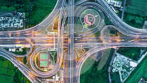 Highway, Expressway, Motorway, Toll way at night, Aerial view in