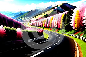 Highway with extra ordinary beauty of flower trees in hilly area.