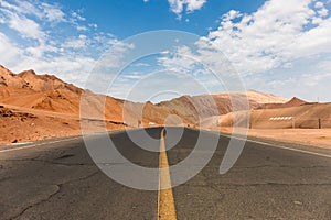 Highway through the Flame Mountain in the Turpan area of Xinjiang