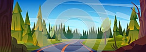 Highway in forest, cartoon road trip background