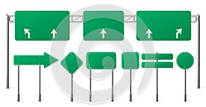 Highway green road signs, blank signage boards set