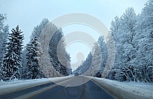 highway with horizon on blue sky and clouds in the daytime at winter with snow covered trees.