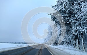 highway with horizon on blue sky and clouds in the daytime at winter with snow covered trees.