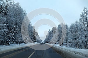 highway with horizon on blue sky and clouds in the daytime at winter with snow covered trees.