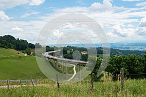 Highway infrastructure in the Swiss Jura landscape: Situation close to Vallorbe