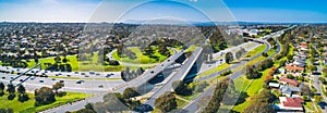 Highway interchange on sunny day.