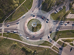 Highway intersection junction summer morning with car. Aerial Top View