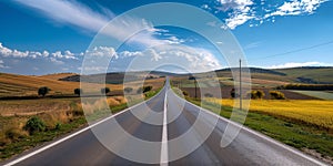 Highway landscape at colorful sunset in summer. Mountain road landscape at dusk