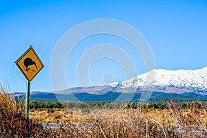 Highway leading to volcanic peaks of Tongariro National Park with skiing kiwi road sign